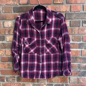 Sanctuary womens boyfriend snap front roll tab sleeves flannel shirt red L